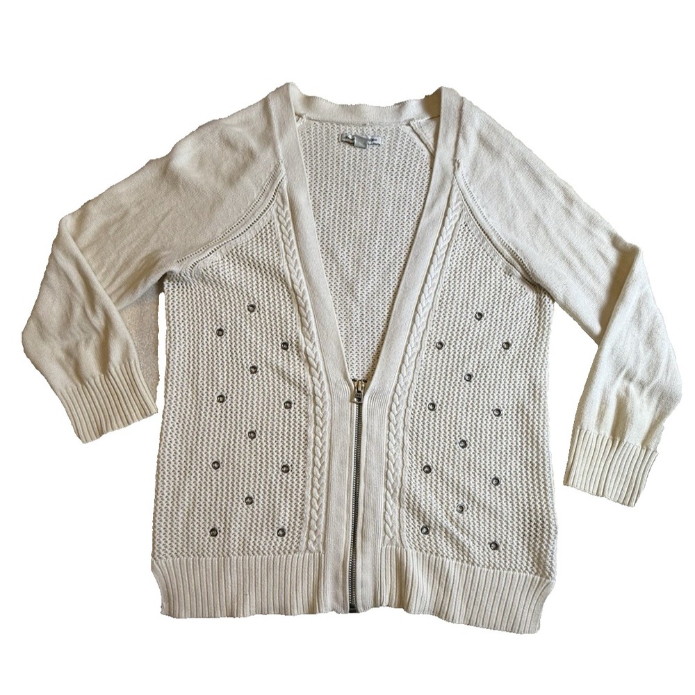 American Eagle Small Crochet Cardigan Sweater Ivory 3/4 sleeve metal-553